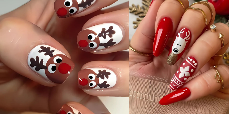 Adorable reindeer Christmas nail.